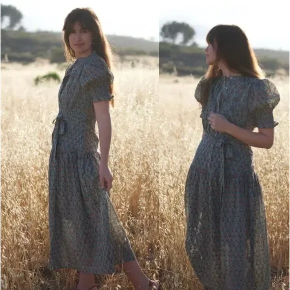 Daughters of India Prairie Dress XS Sage Green Floral Button Front Midi Cottage - Picture 3 of 12